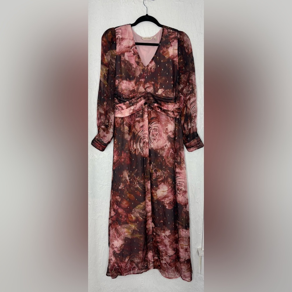 Soft Surroundings Rina Silk Maxi Dress Womens 12P Red Gold Long Sleeve Flowy